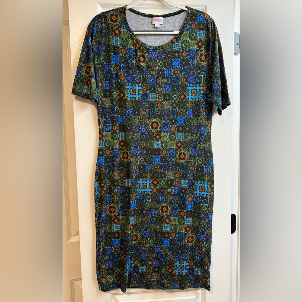 LuLaRoe Midi Dress in Blue, Green, Orange Geometric Print